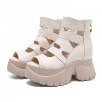 26176嫔妃丽人头层牛皮罗马风复古增高舒适厚底露趾镂空休闲凉鞋（贴布凉鞋）