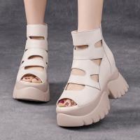 26176嫔妃丽人头层牛皮罗马风复古增高舒适厚底露趾镂空休闲凉鞋（贴布凉鞋）