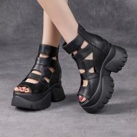 26176嫔妃丽人头层牛皮罗马风复古增高舒适厚底露趾镂空休闲凉鞋（贴布凉鞋）