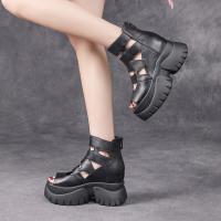 26176嫔妃丽人头层牛皮罗马风复古增高舒适厚底露趾镂空休闲凉鞋（贴布凉鞋）