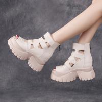 26176嫔妃丽人头层牛皮罗马风复古增高舒适厚底露趾镂空休闲凉鞋（贴布凉鞋）