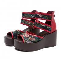 6019嫔妃丽人复古民族风绣花头层牛皮拼接罗马风厚底舒适百搭厚底小个子增高女凉鞋（樱花凉鞋）