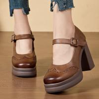 3512嫔妃丽人头层牛皮复古超高跟时尚小方头学院风一字扣玛丽珍浅口粗跟单鞋（小A单鞋）